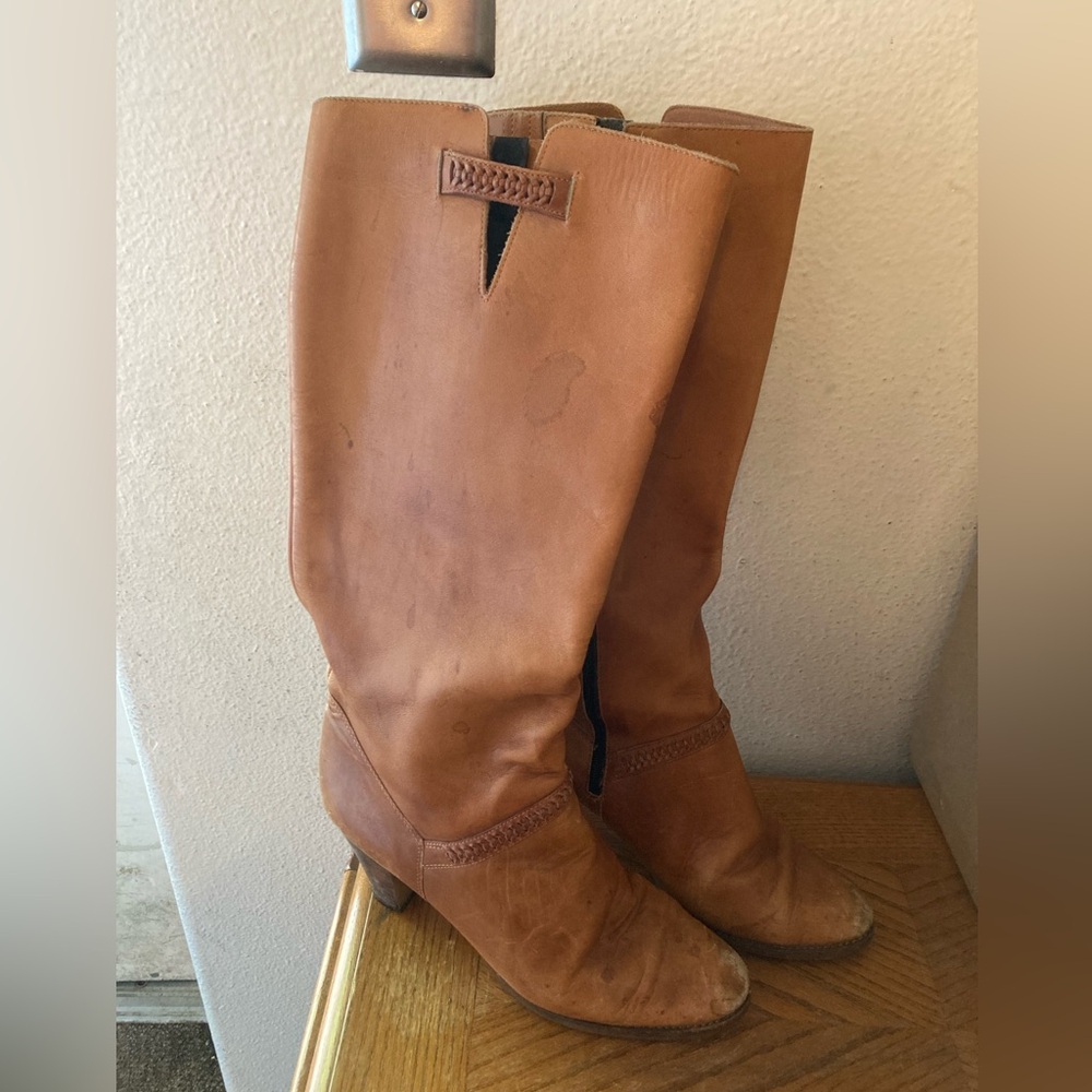 MADE IN BRAZIL Caramel Leather Heeled Boots  WITH BRAIDED ANKLE STRAP 10M